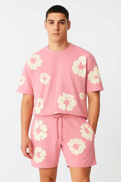 CLASSY.MODA Oversized Men's Set – Shorts and T-Shirt – Embossed Floral Print – Comfortable Summer Casual Outfit