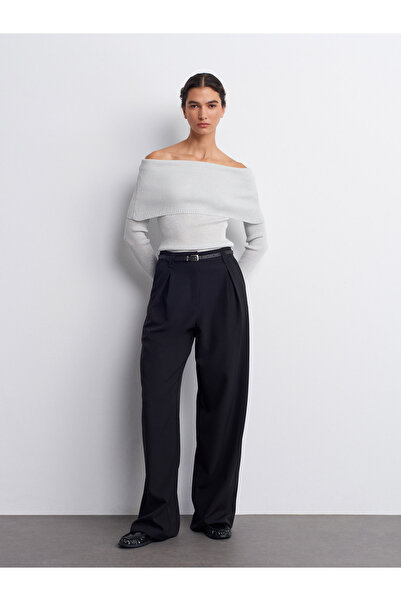Dilvin 72173 Kemerli Pensli Kumaş Pantolon-Siyah
