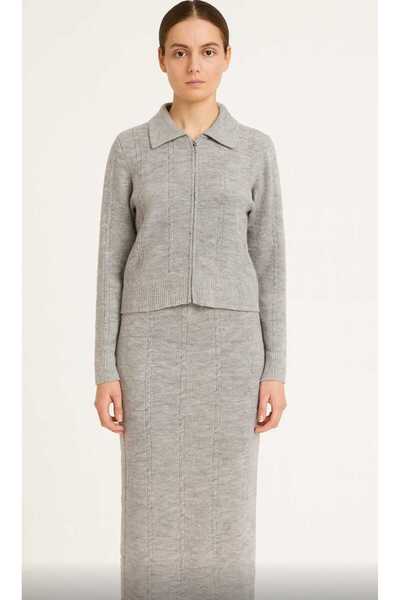 Maison La Femme Women's knitwear set polo collar zipper jacket long skirt bottom top knitwear set