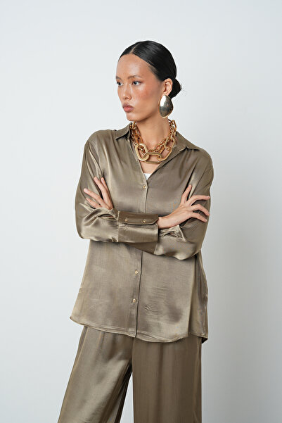 Orfeo Negro Women's V-Neck Light Khaki Color Plain 100% Viscose Gold Button Shirt