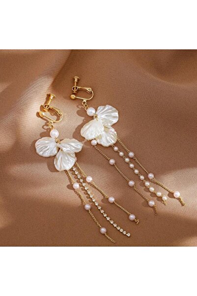 Pursehuit Cercei lungi aurii cu clipsuri, flori și perle, Samson C3