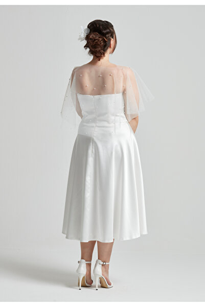 Moda Alba Pearl Cape Strapless Flared Midi Length Plus Size White Engagement-Wedding Evening Dress