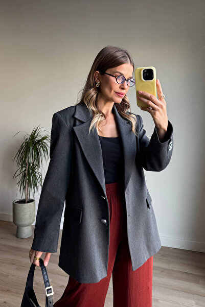 Sue Store Μπλέιζερ με επένδυση με ασημί κουμπιά ανθρακί