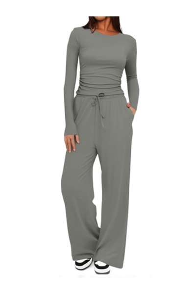 SOLOBUY Pyjamas Set Jersy Women's Long-Sleeved, Elastic Waist, Collar Round, Pants