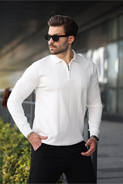 Madmext Beyaz Polo Yaka Fermuarlı Erkek Kazak E7427