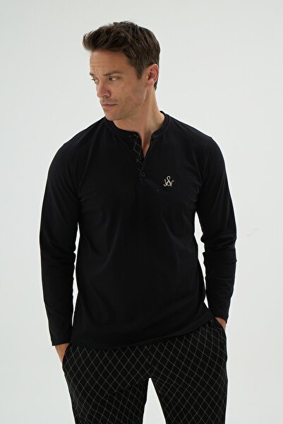 Sevim Men's Long Sleeve Buttoned Collar Patterned Bottom Black Pajama Set C3T4N69