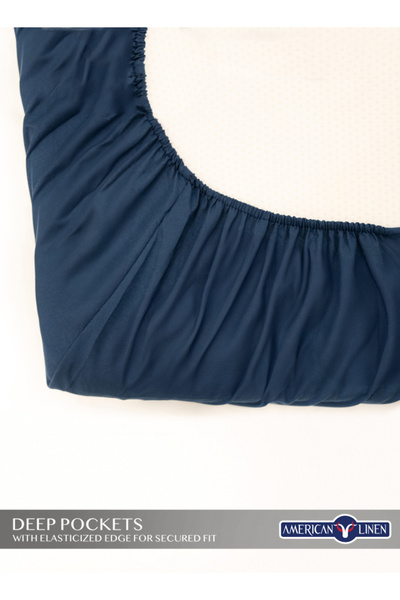American Linen Double Plain Fitted Elastic Bedsheet with 2 Pillow Case 160 x 200 Cm Nave Blue