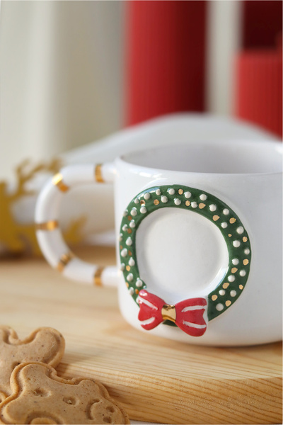 ada mia seramik Christmas Door Ornament Figured 24K Gold Decorated Handmade Ceramic Mug 200ml
