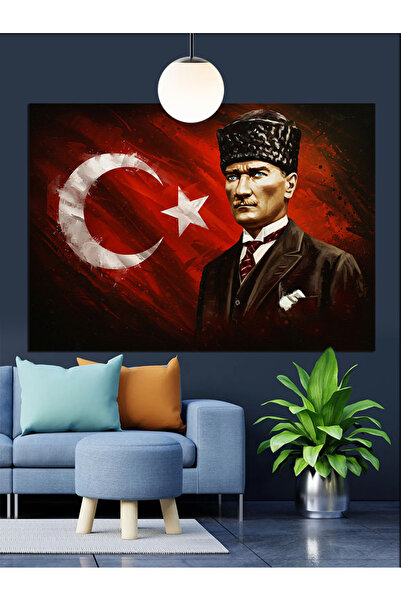 Tablo Mega Bayrak Önünde Atatürk Portresi Dekoratif Kanvas - Mdf Ahşap Tablo