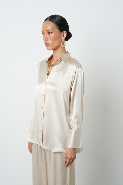 Orfeo Negro Women's V-Neck Light Beige Color Plain 100% Viscose Gold Buttoned Shirt