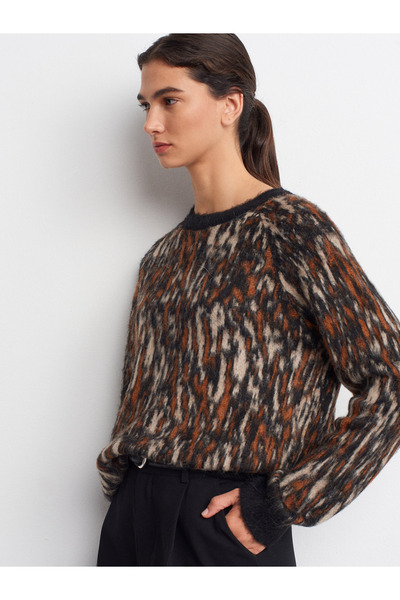 Dilvin 10802 Desenli Şardonlu Yumuşak Dokulu Triko Kazak-Siyah