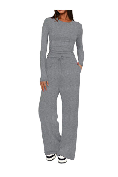 SOLOBUY Pyjamas Set Jersy Women's Long-Sleeved, Elastic Waist, Collar Round, Pants
