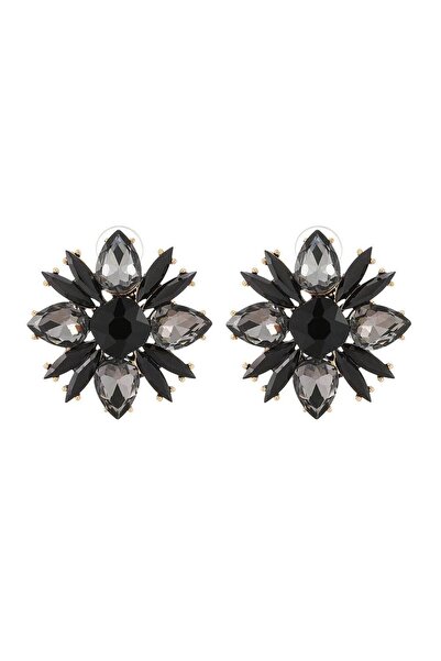 Pursehuit Χρυσά σκουλαρίκια, σε σχήμα λουλουδιού, με μαύρες πέτρες, Esther C2