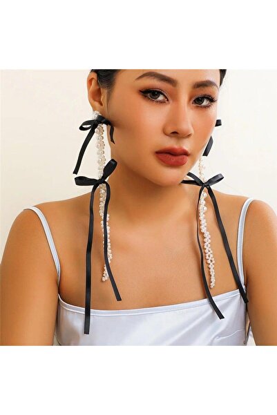 Pursehuit Long white earrings with pearls and black bows, Mario C1