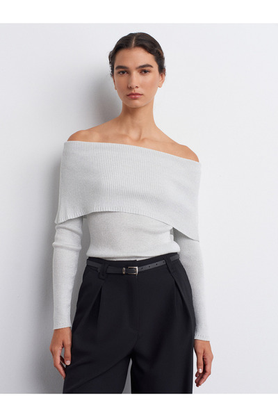 Dilvin 10808 Bardot Collar Ribbed Glitter Knit Sweater-Light Gray