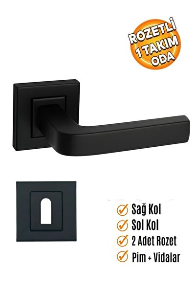 Sofuoğlu Seyhan Paslanmaz Çelik Mat Siyah Kare Rozetli Oda Kapı Kolu ve 40mm Siyah Sessiz Oda Kapı Kilidi