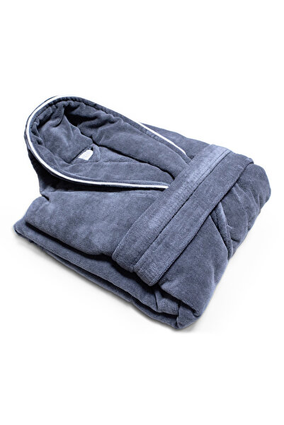 Hotel Linen Klub Premium Cotton Velour Bathrobe – With Piping, Quick-Drying with Belt & Pockets – Free Size, Grey