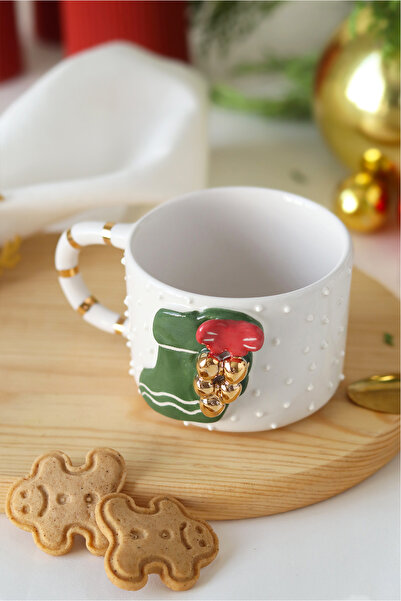 ada mia seramik Handmade Ceramic Mug with Christmas Boot Figure and 24K Gold Decoration, 200ml
