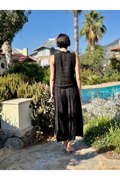 Punta Otantik Nc14092 Ruffled Sleeveless Italian Linen Suit Black