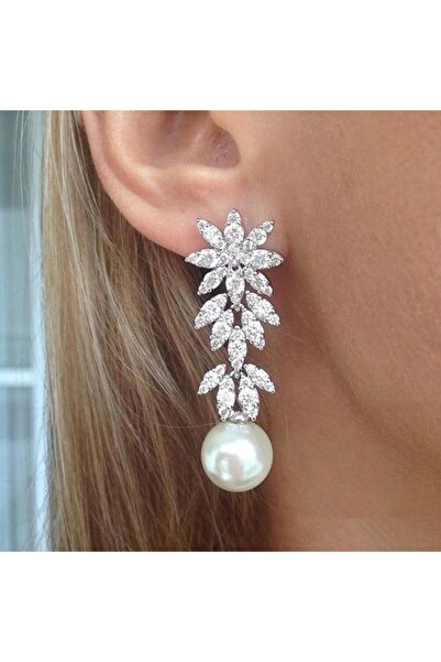 Pursehuit Cercei lungi de culoare argintie, cu pietre de zirconiu și perle, M...