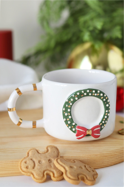 ada mia seramik Christmas Door Ornament Figured 24K Gold Decorated Handmade Ceramic Mug 200ml