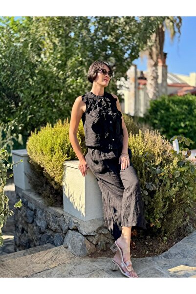 Punta Otantik Nc14092 Ruffled Sleeveless Italian Linen Suit Black