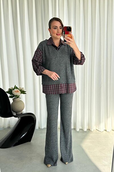MaziButik Plaid Garnished Double Suit Gray