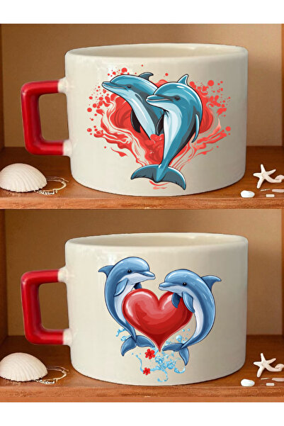 lili hediyelik طقم فناجين قهوة مكون من قطعتين مطبوع عليه قلب ودولفين - هدية ل...