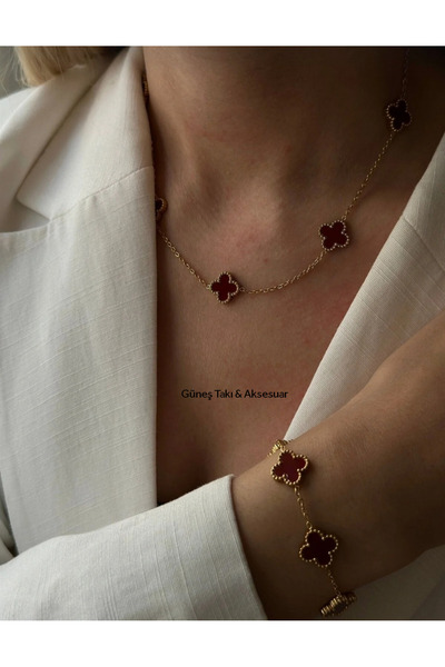 GUNESTAKI Gold Bordo Kolye Bileklik 2li Çelik Set
