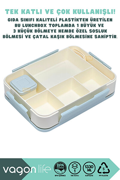 Vagonlife Bento 1330ml Lunch Box New Collection Single Layer 5 Compartments Pp Plastic Children's Lunch Box Food Container