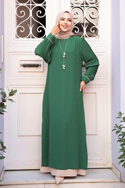 N.S NEVA STYLE Green Hijab Dress with Necklace 76881Y