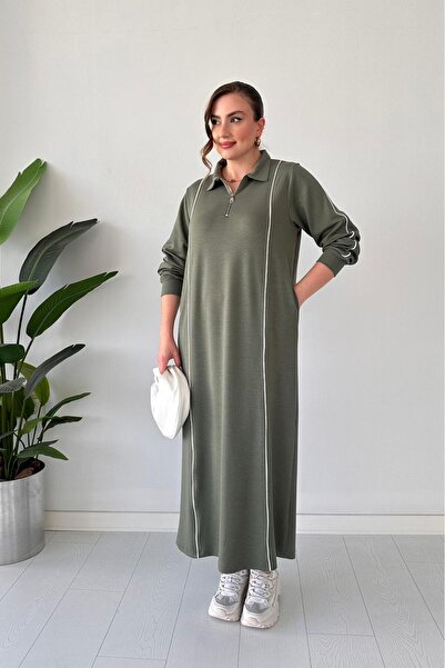 MaziButik Modal Dress with Piping Khaki