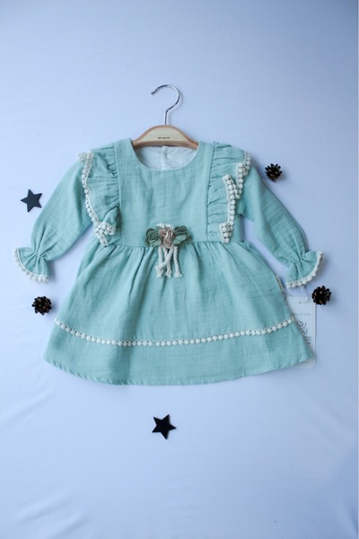 Pio Kids Pamuk Rahat Uzun Kollu,broş ve Dantel Detaylı Müslin 6-24 Ay Kız Çocuk Bebek Elbisesi