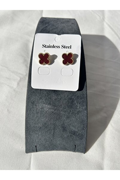 Butik Gold Burgundy Clover Detail Model Burgundy Earrings