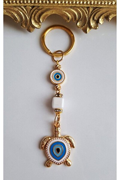 Svc Aksesuar Luxury Gift White Zircon Stone Evil Eye Beaded Turtle Luck Keychain 10.5 cm