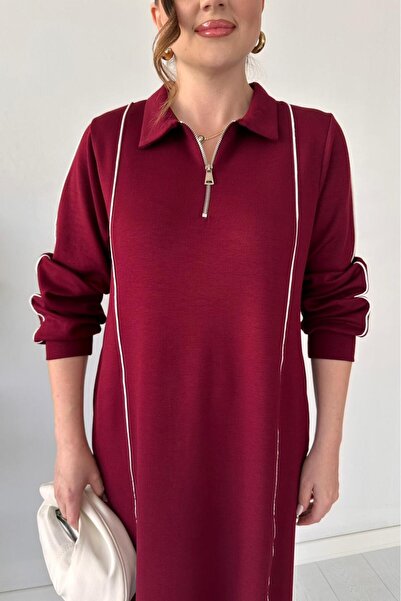 MaziButik Modal Dress with Piping Burgundy