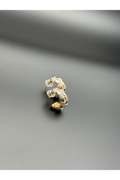 SARA Gold Halka Tasarım Taşlı Küpe