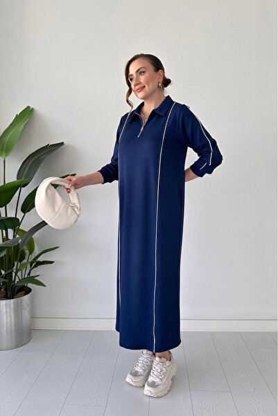 MaziButik Modal Dress with Piping Navy Blue