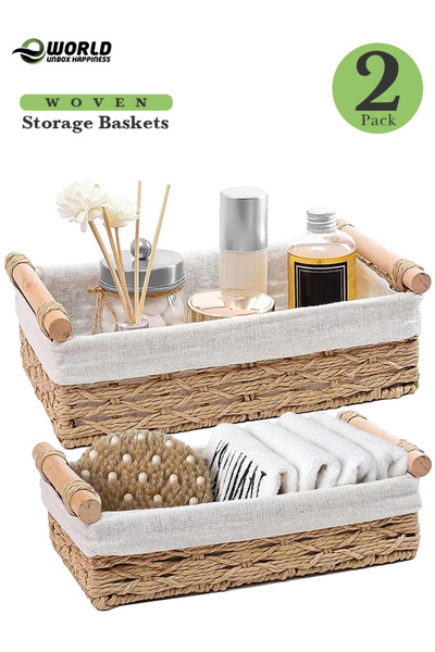 Eworld Set of 2 Woven Storage Baskets with Washable Liners, Rectangular Rattan Bins with Handles
