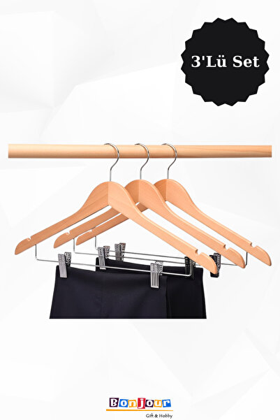 Bonjour Gift & Hobby 3'Lü Ahşap Askılık Kıyafet Askısı Etek, Gömlek, Pantolon