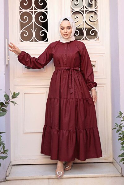 N.S NEVA STYLE Buttoned Burgundy Hijab Dress 30391Br