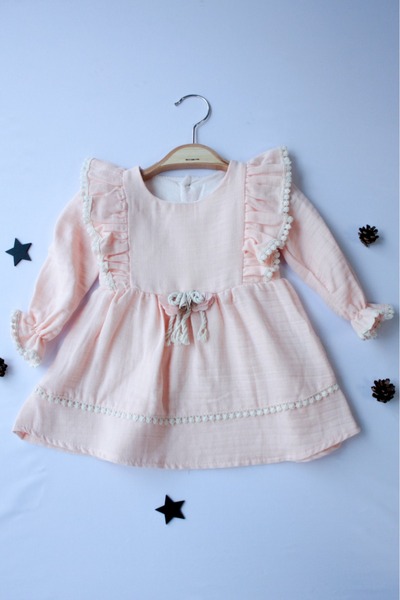 Pio Kids Cotton Comfortable Long Sleeve, Brooch and Lace Detailed Muslin 6-24 Months Girl's Baby Dress