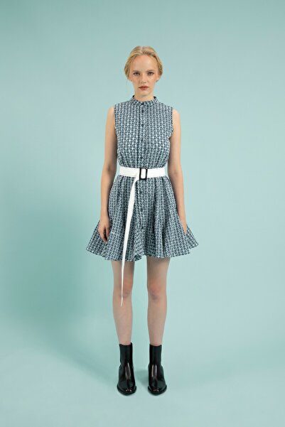 By Mare Style Elroy-White Patterned Cotton Blue Sleeveless Brode Dress