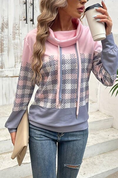 Mossta Dalgıç Kumaş Blok Desenli Balıkçı Yaka Bluz - Desenli