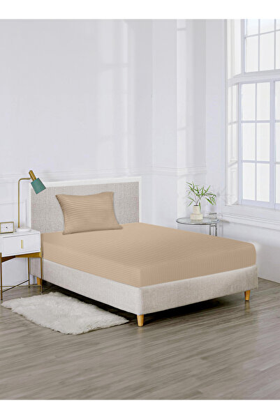 American Linen Single Striped Fitted Elastic Bedsheet with 1 Pillow Case 90 x 190 Cm Beige