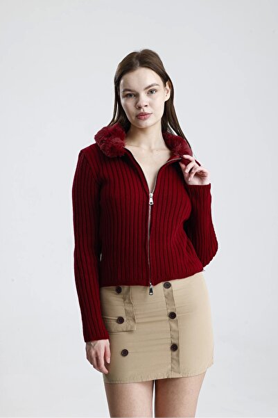 Lusin Women's Stylish Double Zipper and Fur Collar Detailed Burgundy Knitwear Cardigan