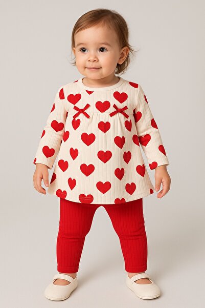 dinamik çocuk Baby Girl/Child Big Heart Report Printed Shoulder Snap Fastener Baby Set 2-Piece Top and Bottom Seasonal 3-6-9-12 Months