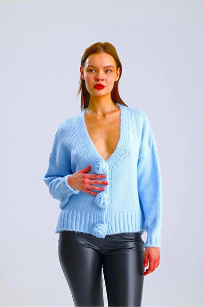 Lusin Women's Stylish Rose Detailed Blue Knitwear Cardigan