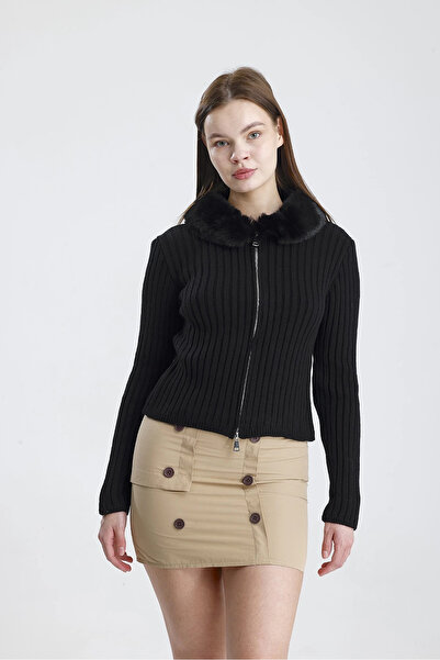 Lusin Women's Stylish Double Zipper and Fur Collar Detailed Black Knitwear Cardigan
