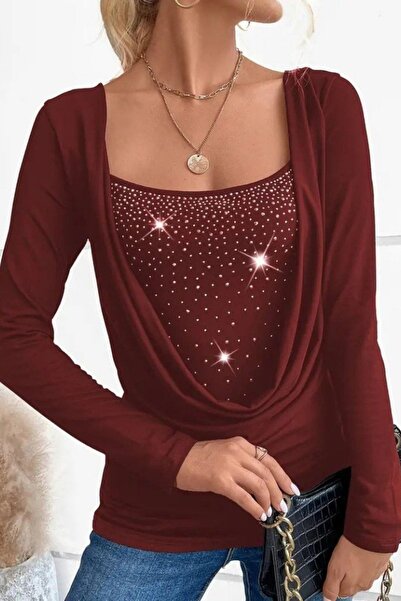 Mossta Degaje Yaka Stone Sandy Blouse - Burgundy